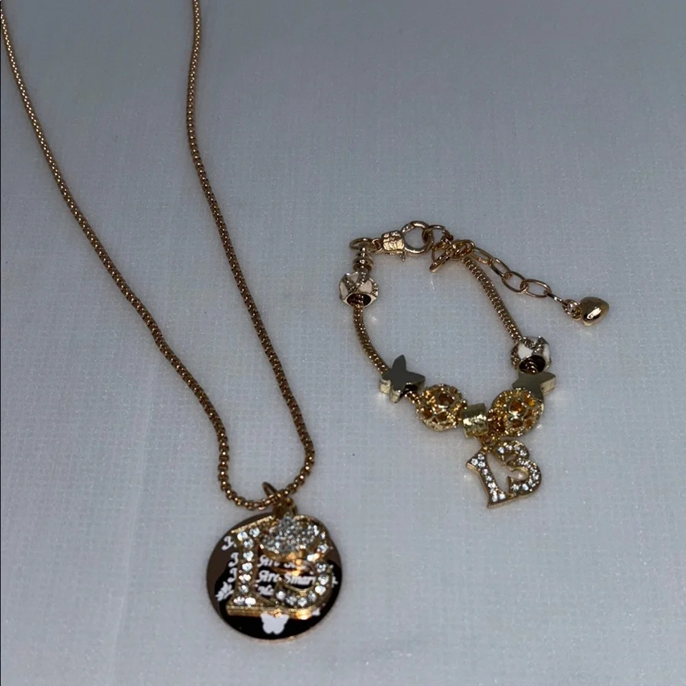13 yr old girl jewelry gift set Gold NecklacePendant and charm bracelet NWT